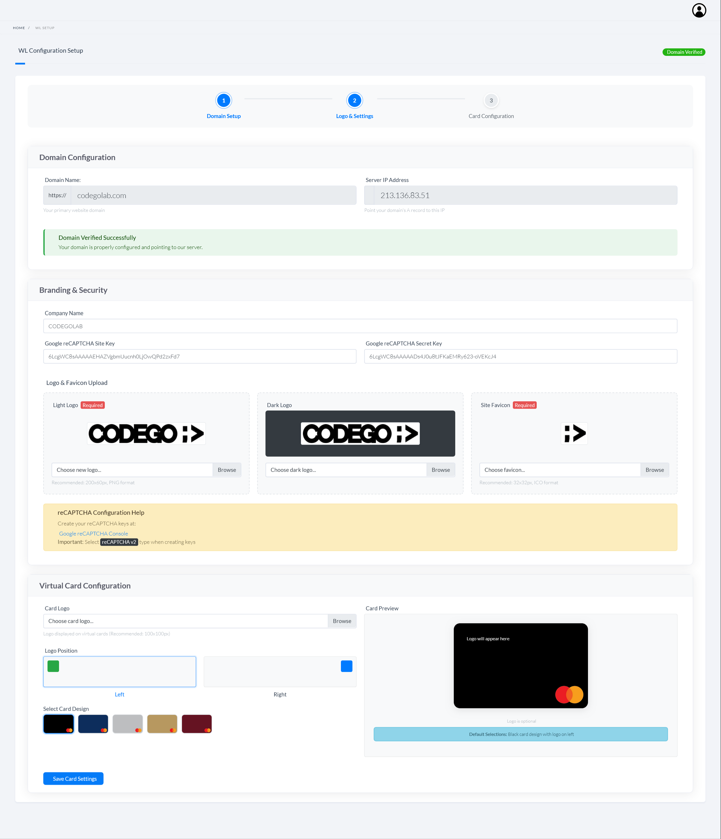 Whitelabel configuration panel